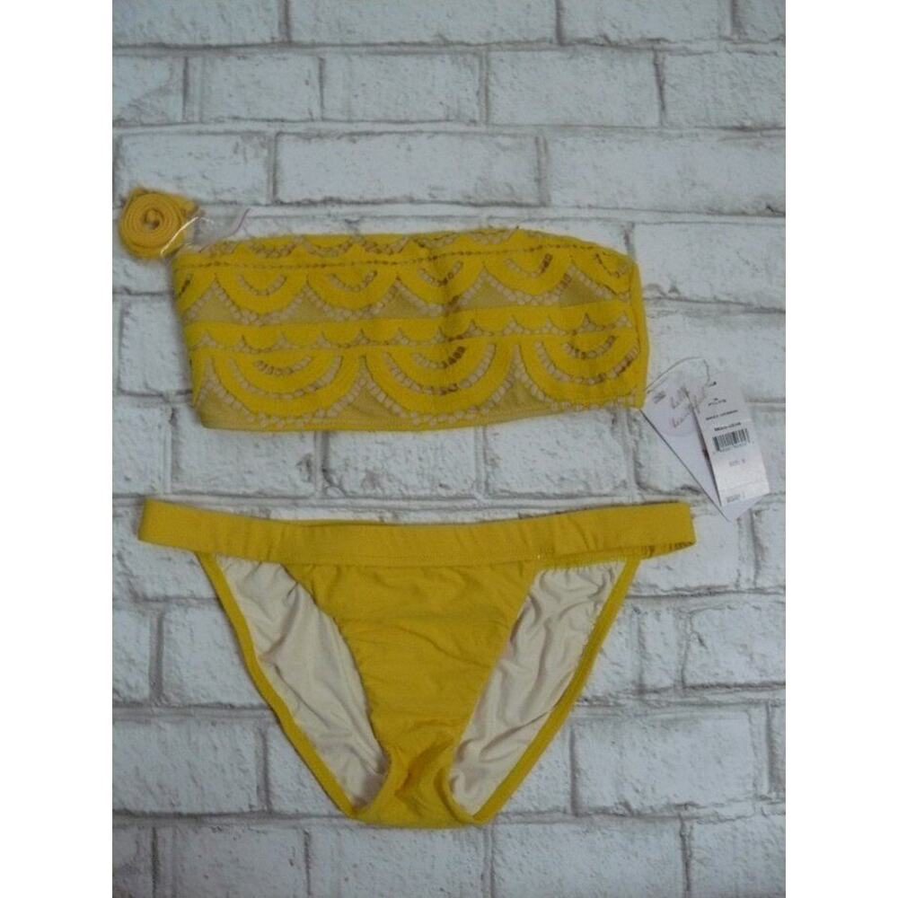 $160 Pilyq Marigold Lace Bandeau Top Teeny Solid Yellow Bottoms Small NWT